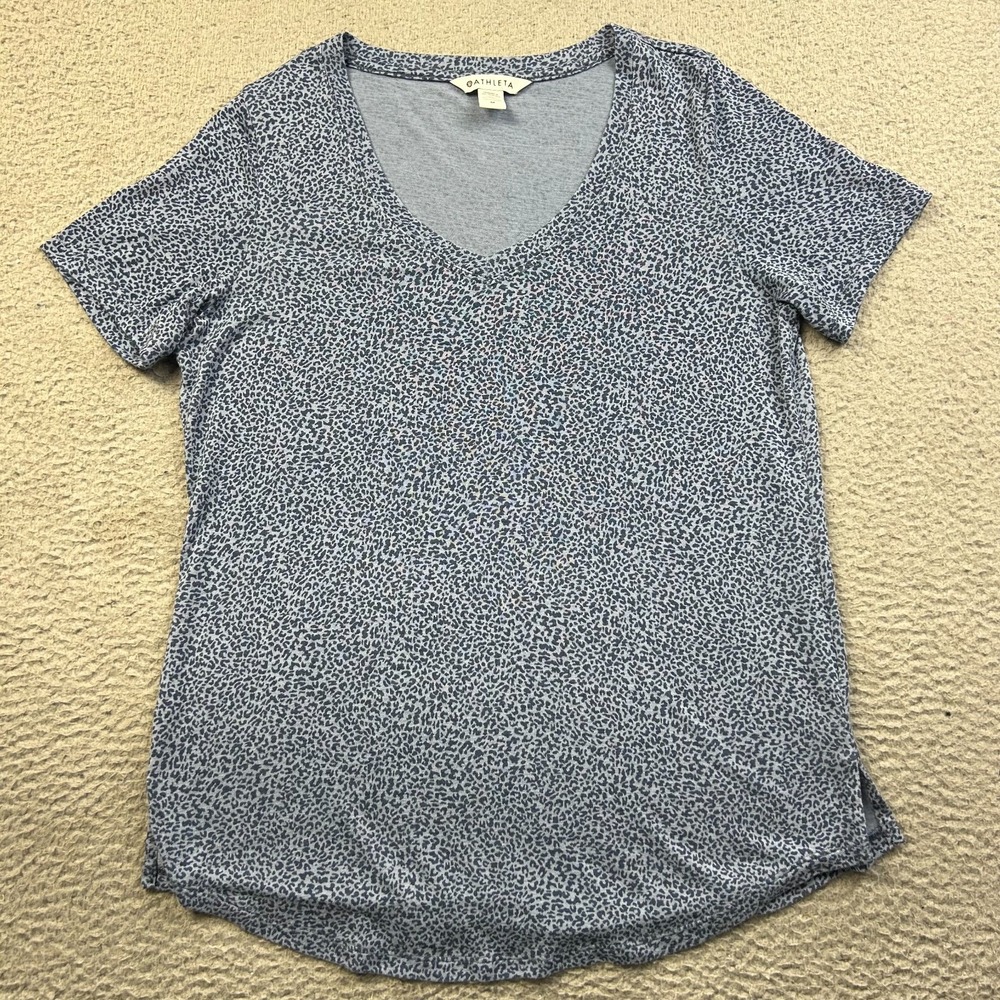 Athleta Tee Womens Blue Breezy Scoop V Neck Micro Cheetah Leopard Shirt Top M